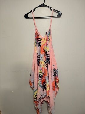 Pink Tropical Print Spaghetti Strap Swim Cover Dress